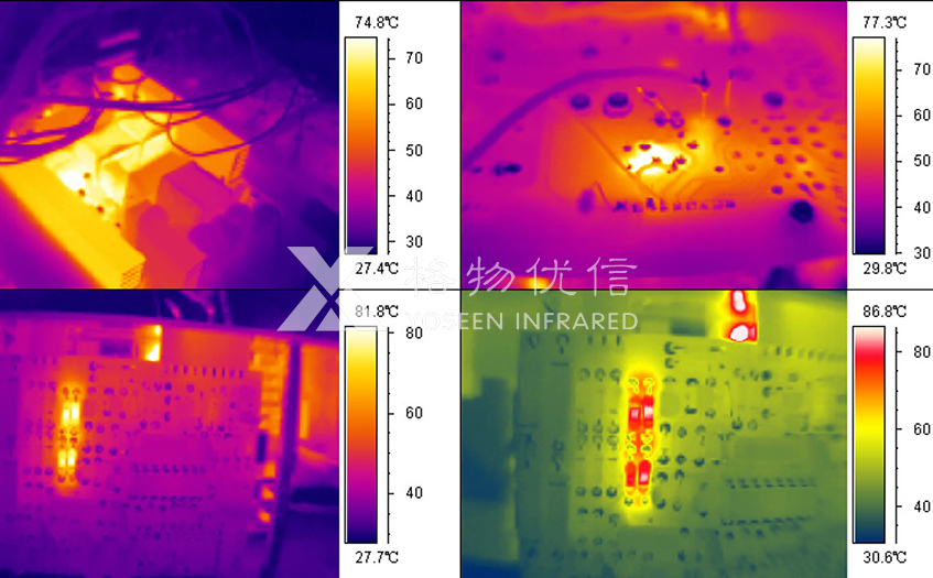 使用格物优信红外热像仪可以快速检测出线路板上异常器件严重发热